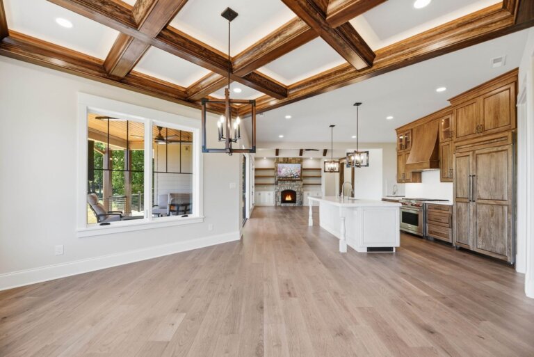 Knoxville custom home — dining area with coffered, beam-wrapped ceiling — Seigler Custom Homes