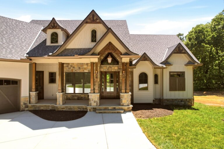 Knoxville custom home — stone and timber covered front entry — Seigler Custom Homes